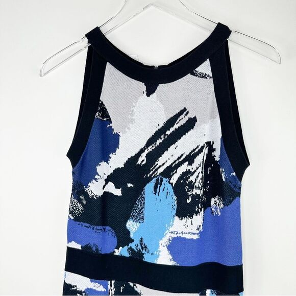 Milly Blue‎ Black Knit Abstract Print Halter Style Sleeveless Mini Dress Large - Picture 3 of 8